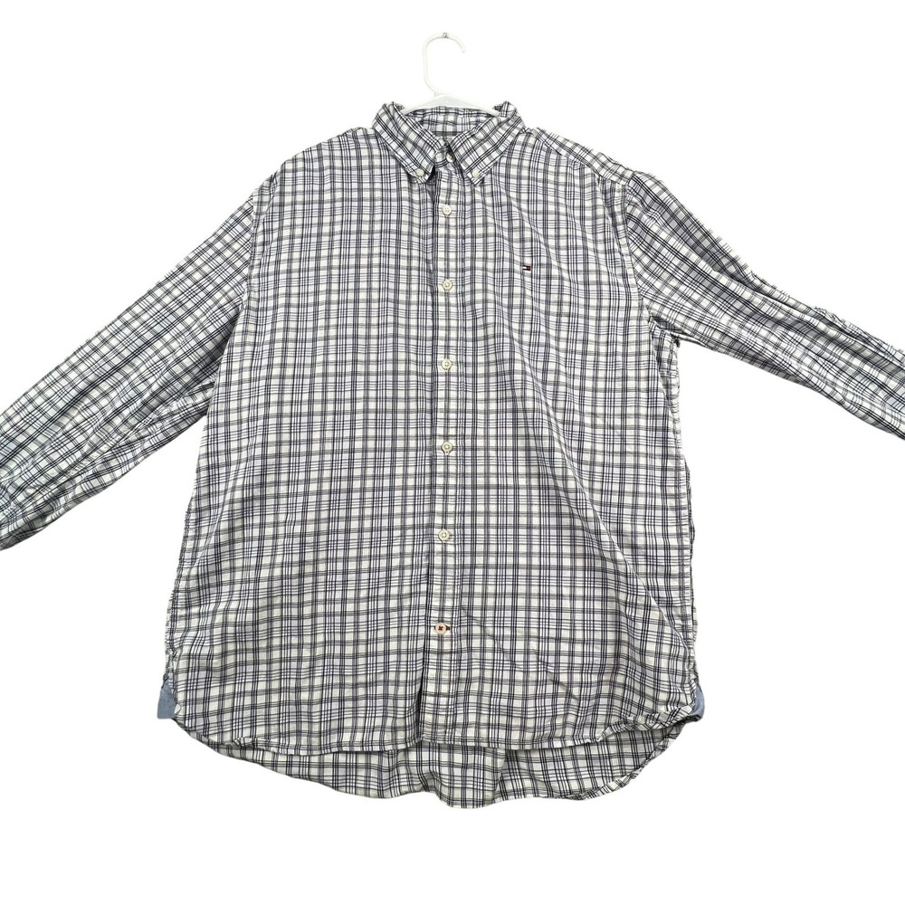 Tommy Hilfiger Button Down Shirt Men XL White Blue Plaid Regular Fit Long Sleeve